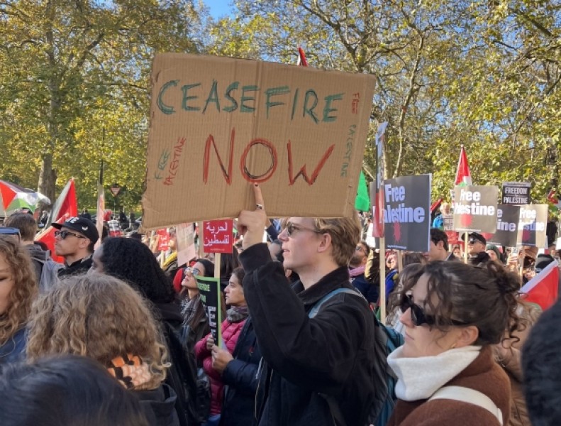 [ متظاهرون في لندن ينددون بجرائم الاحتلال في غزة ]